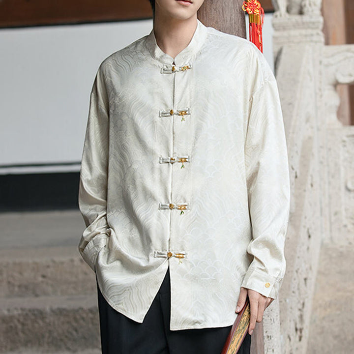 Camisa de manga larga para hombre con diseño de rana china y bambú, con cuello alto y botones - image 8