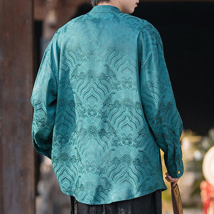 Camisa de manga larga para hombre con diseño de rana china y bambú, con cuello alto y botones - image 29