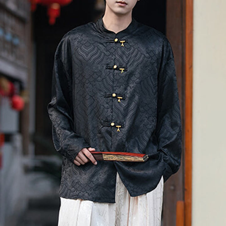 Camisa de manga larga para hombre con diseño de rana china y bambú, con cuello alto y botones - image 12