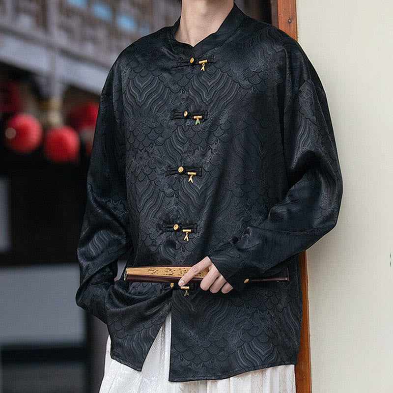 Camisa de manga larga para hombre con diseño de rana china y bambú, con cuello alto y botones - image 13