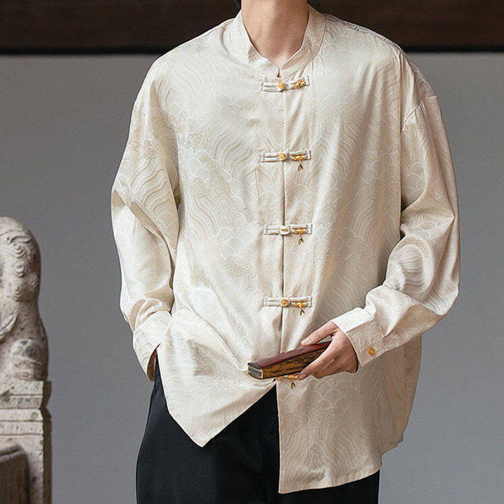 Camisa de manga larga para hombre con diseño de rana china y bambú, con cuello alto y botones - image 3
