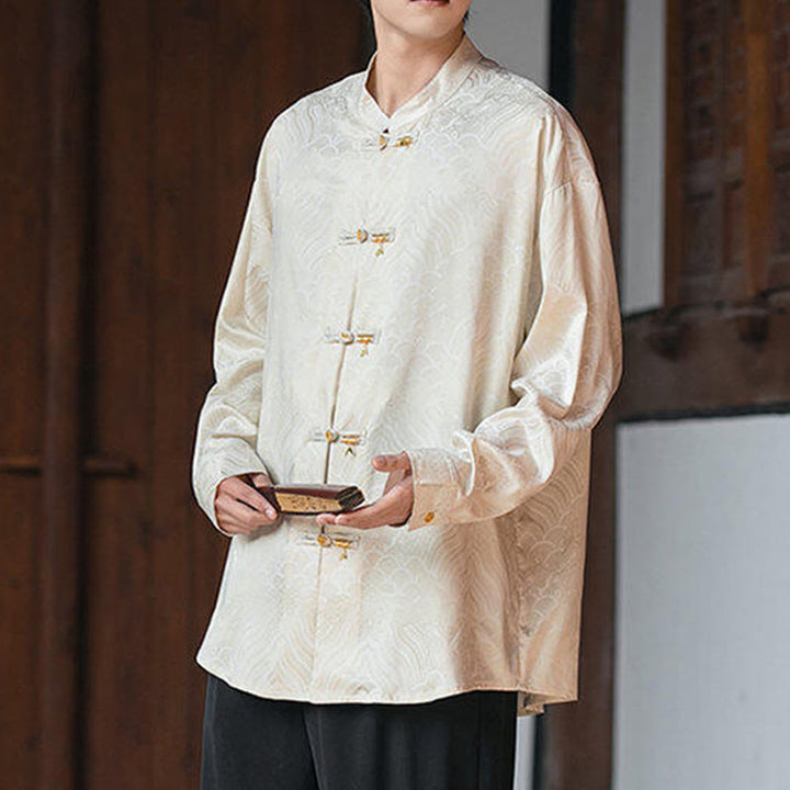 Camisa de manga larga para hombre con diseño de rana china y bambú, con cuello alto y botones - image 5