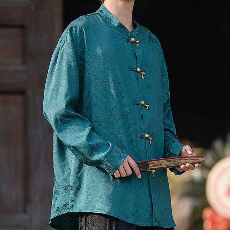 Camisa de manga larga para hombre con diseño de rana china y bambú, con cuello alto y botones - image 30