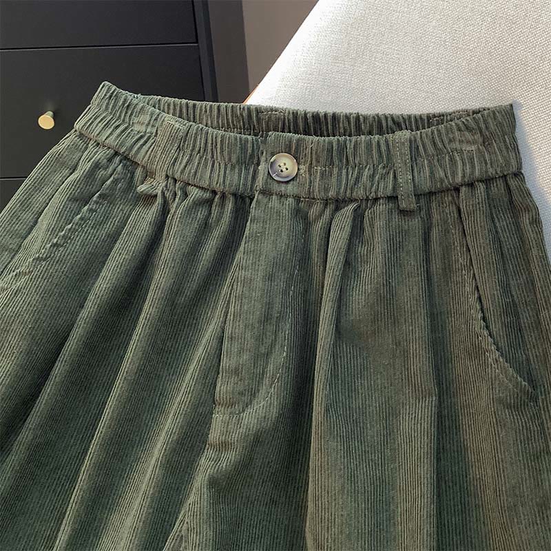 Pantalones de pana de algodón con cintura elástica y pernera ancha para mujer con bolsillos y diseño de Buddha Stones - image 1