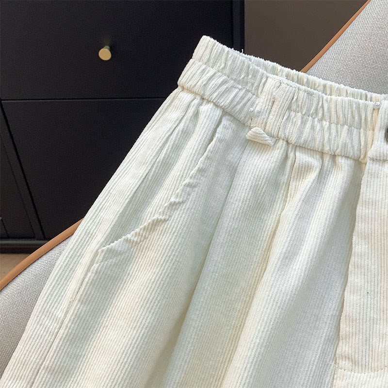 Pantalones de pana de algodón con cintura elástica y pernera ancha para mujer con bolsillos y diseño de Buddha Stones - image 8