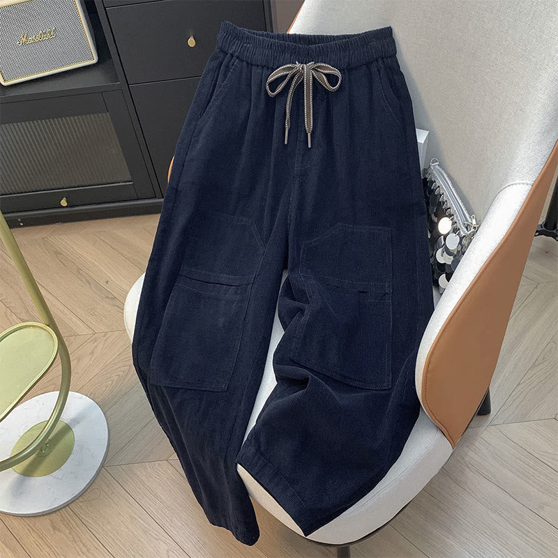 Pantalones harén de pana de algodón con cordón y bolsillos de Buddha Stones para mujer, otoño - Azul medianoche - US8-10，UK/AU12-14，EU40-42 (2XL) - image 3