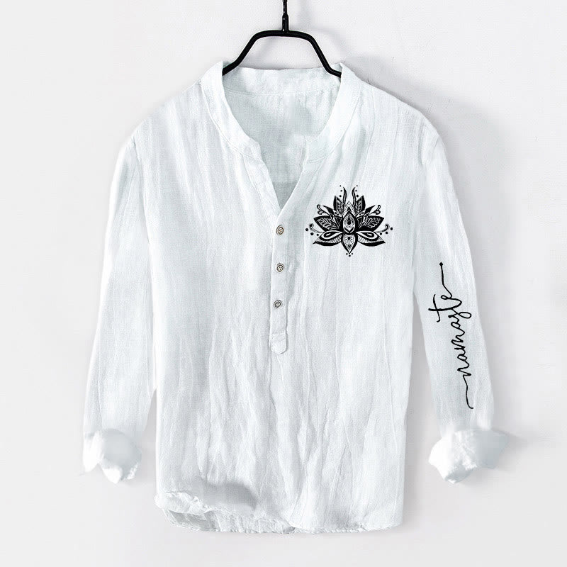 Camisa de manga larga de lino y algodón para hombre con estampado de loto y Buddha Stones, con botones y medio cuello - Blanco - US/UK/AU50, EU60 (5XL) - image 6