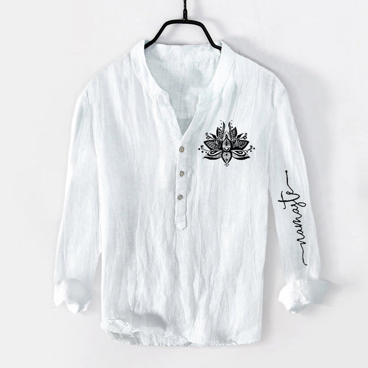 Camisa de manga larga de lino y algodón para hombre con estampado de loto y Buddha Stones, con botones y medio cuello - Blanco - US/UK/AU50, EU60 (5XL) - image 6