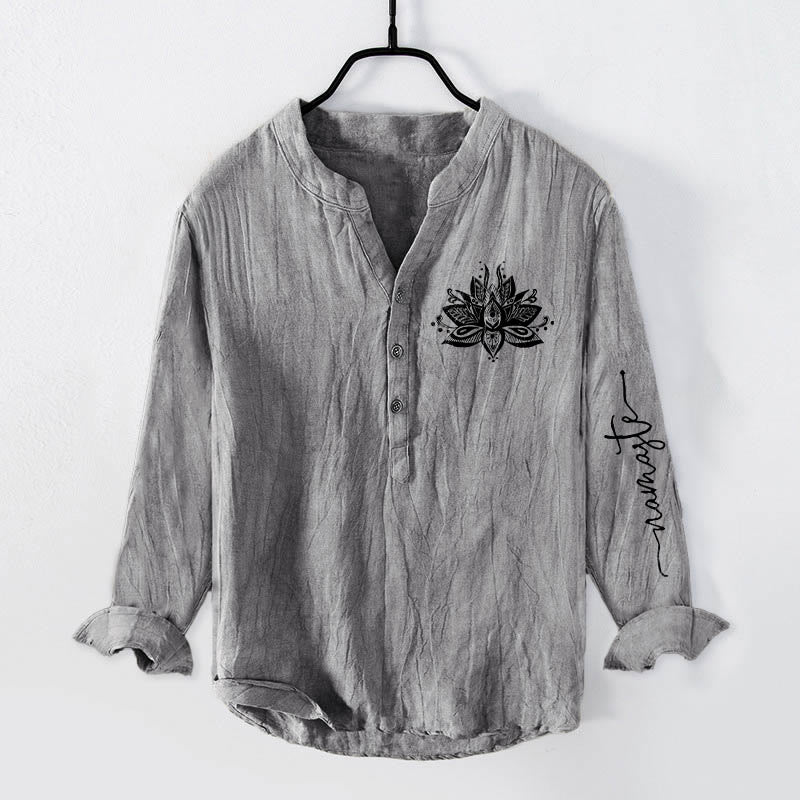 Camisa de manga larga de lino y algodón para hombre con estampado de loto y Buddha Stones, con botones y medio cuello - Gris - US/UK/AU50, EU60 (5XL) - image 3