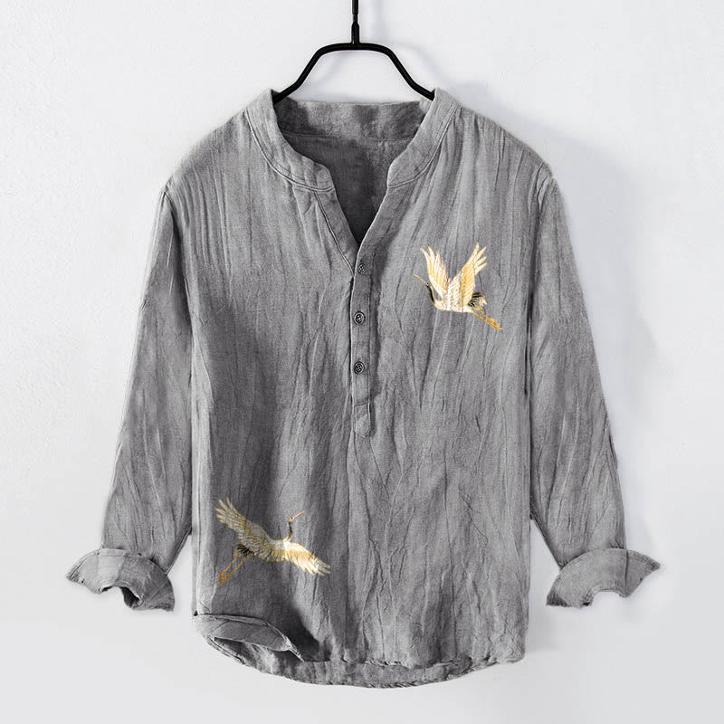 Camisa de manga larga de algodón y lino para hombre, con diseño de Buddha Stones, grulla, sol rojo, pino y medio botón. - image 1