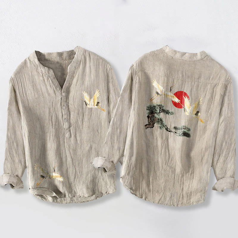 Camisa de manga larga de algodón y lino para hombre, con diseño de Buddha Stones, grulla, sol rojo, pino y medio botón. - Lino - US/UK/AU50, EU60 (5XL) - image 3