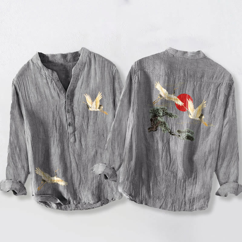 Camisa de manga larga de algodón y lino para hombre, con diseño de Buddha Stones, grulla, sol rojo, pino y medio botón. - Gris - US/UK/AU50, UE60 (5XL) - image 0