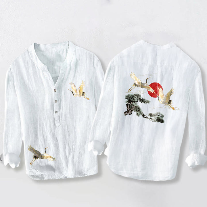 Camisa de manga larga de algodón y lino para hombre, con diseño de Buddha Stones, grulla, sol rojo, pino y medio botón. - Blanco - US/UK/AU50, EU60 (5XL) - image 6