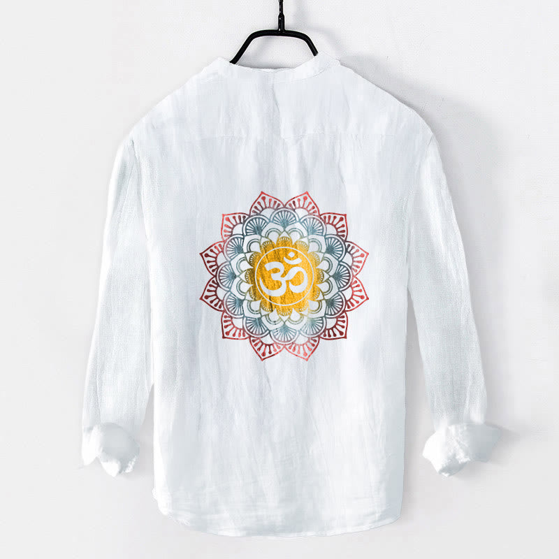Camisa de manga larga de algodón y lino para hombre con diseño de mandala Om y Buddha Stones , botones y medio botón. - image 2