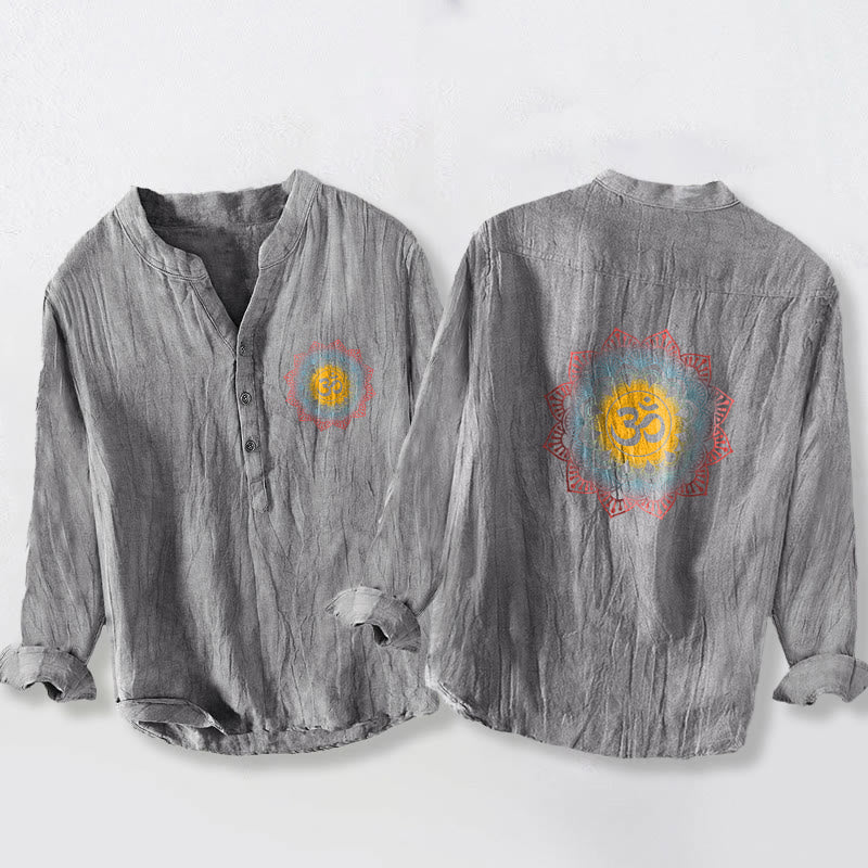 Camisa de manga larga de algodón y lino para hombre con diseño de mandala Om y Buddha Stones , botones y medio botón. - Gris - US/UK/AU50, EU60 (5XL) - image 6