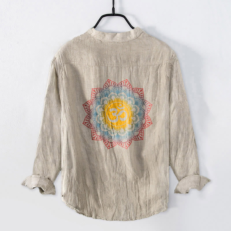 Camisa de manga larga de algodón y lino para hombre con diseño de mandala Om y Buddha Stones , botones y medio botón. - image 5