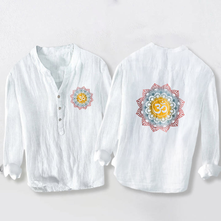 Camisa de manga larga de algodón y lino para hombre con diseño de mandala Om y Buddha Stones , botones y medio botón. - Blanco - US/UK/AU50, EU60 (5XL) - image 0