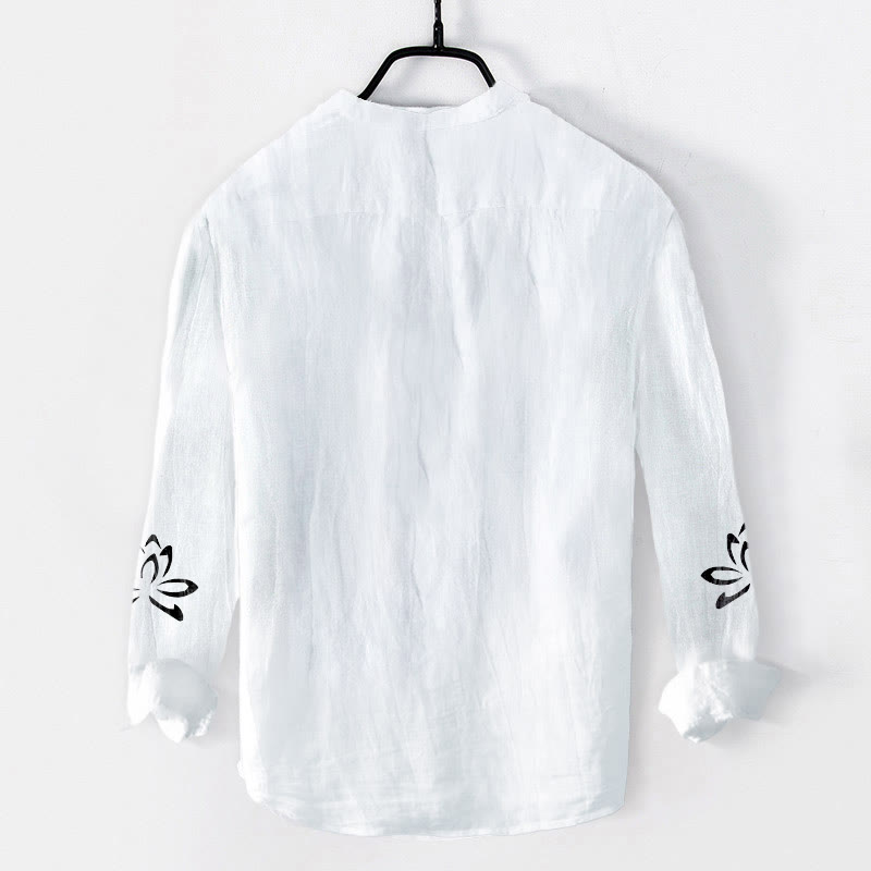 Camisa de manga larga de algodón y lino para hombre con estampado de símbolo Om de loto y Buddha Stones y medio botón. - image 7