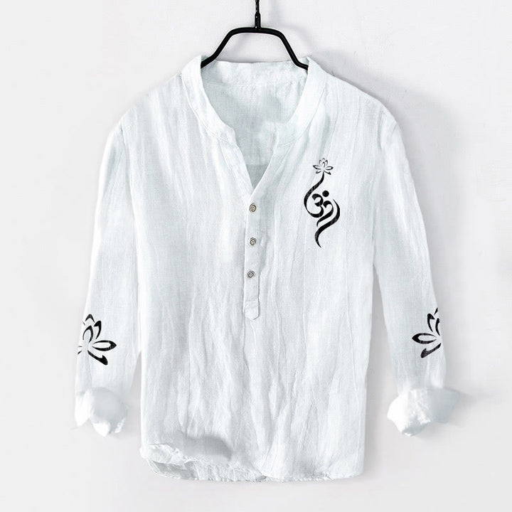 Camisa de manga larga de algodón y lino para hombre con estampado de símbolo Om de loto y Buddha Stones y medio botón. - Blanco - US/UK/AU50, EU60 (5XL) - image 6