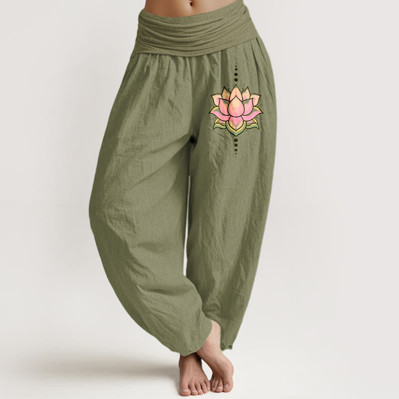 Pantalones Buddha Stones de algodón puro con estampado de flor de loto rosa y cintura elástica para mujer - Verde oliva - US22，UK/AU26，EU54 (6XL) - image 14