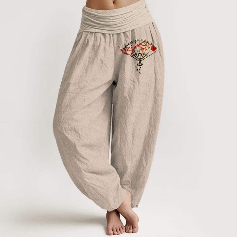 Pantalones harén de algodón puro con cintura elástica para mujer, con estampado de peces rojos y abanicos de piedras de Buddha Stones - Broncearse - US22，UK/AU26，EU54 (6XL) - image 14