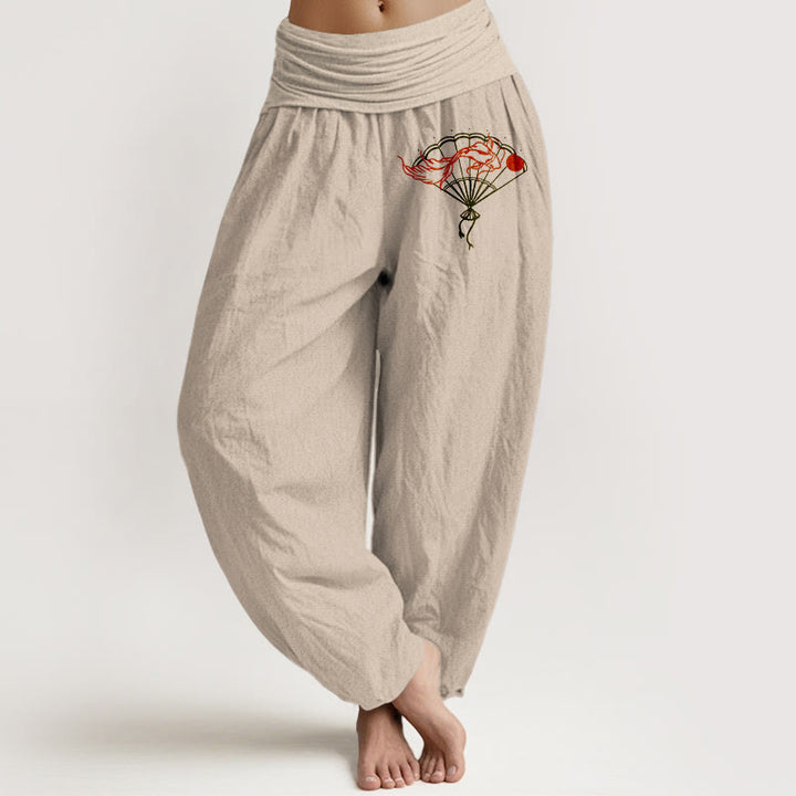 Pantalones harén de algodón puro con cintura elástica para mujer, con estampado de peces rojos y abanicos de piedras de Buddha Stones - Broncearse - US22，UK/AU26，EU54 (6XL) - image 14