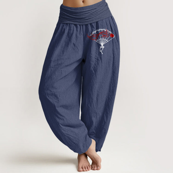 Pantalones harén de algodón puro con cintura elástica para mujer, con estampado de peces rojos y abanicos de piedras de Buddha Stones - Azul pizarra oscuro - US22，UK/AU26，EU54 (6XL) - image 8