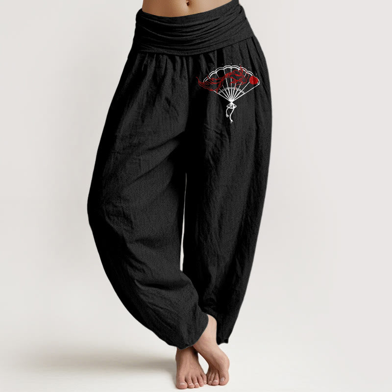 Pantalones harén de algodón puro con cintura elástica para mujer, con estampado de peces rojos y abanicos de piedras de Buddha Stones - Negro - US22，UK/AU26，EU54 (6XL) - image 5