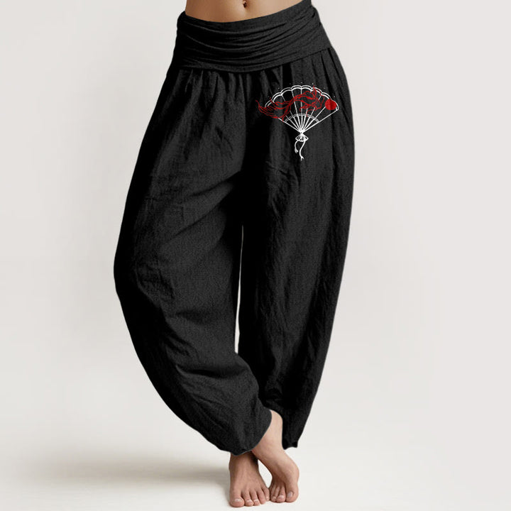 Pantalones harén de algodón puro con cintura elástica para mujer, con estampado de peces rojos y abanicos de piedras de Buddha Stones - Negro - US22，UK/AU26，EU54 (6XL) - image 5