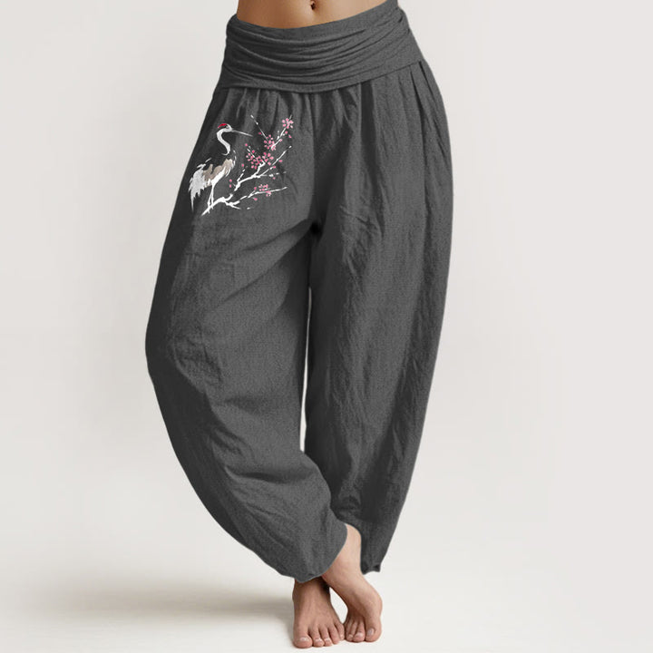 Pantalones harén de algodón puro con cintura elástica para mujer, con estampado de grullas y ramas florecientes de Buddha Stones - Gris tenue - US22，UK/AU26，EU54 (6XL) - image 8