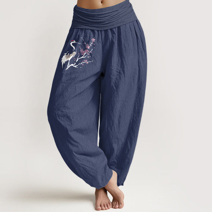 Pantalones harén de algodón puro con cintura elástica para mujer, con estampado de grullas y ramas florecientes de Buddha Stones - Azul pizarra oscuro - US22，UK/AU26，EU54 (6XL) - image 0