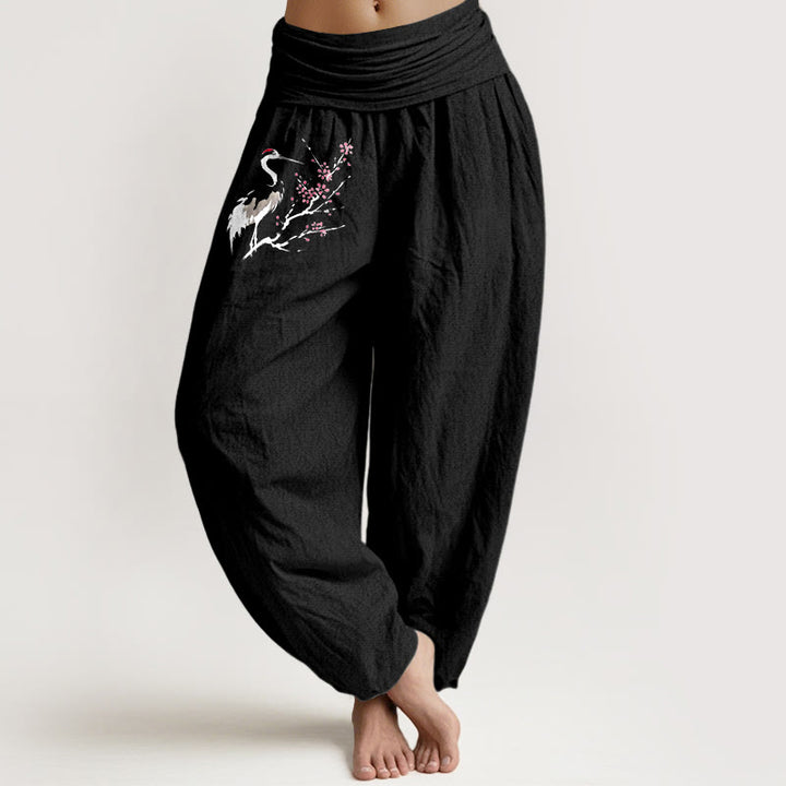 Pantalones harén de algodón puro con cintura elástica para mujer, con estampado de grullas y ramas florecientes de Buddha Stones - Negro - US22，UK/AU26，EU54 (6XL) - image 5