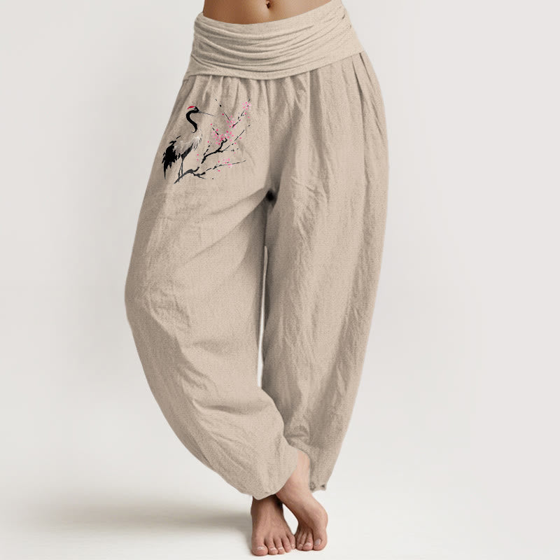 Pantalones harén de algodón puro con cintura elástica para mujer, con estampado de grullas y ramas florecientes de Buddha Stones - Broncearse - US22，UK/AU26，EU54 (6XL) - image 11