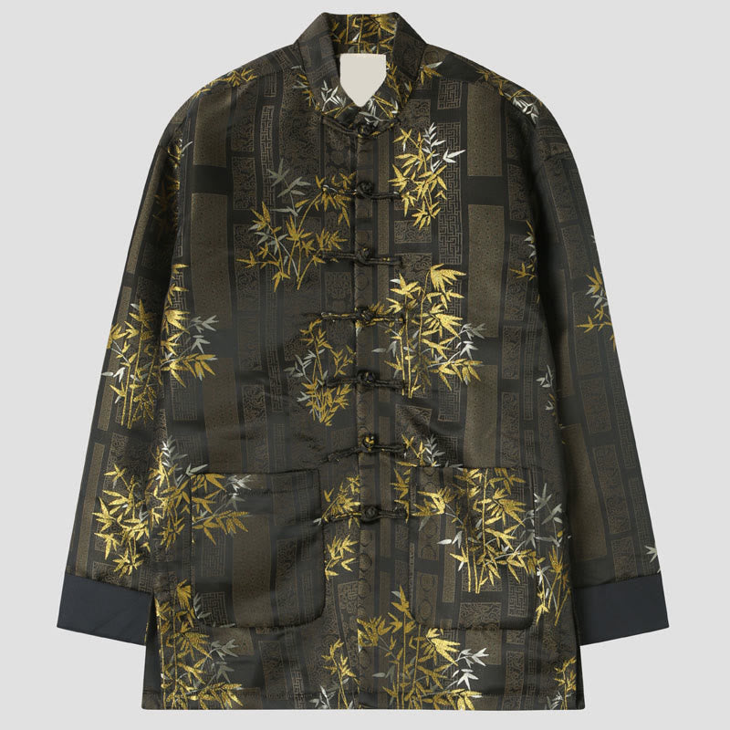 Chaqueta de hombre de manga larga con botones de rana y bolsillos en jacquard de bambú dorado con Buddha Stones - Broncearse - US/UK/AU44, EU54 (4XL) - image 0