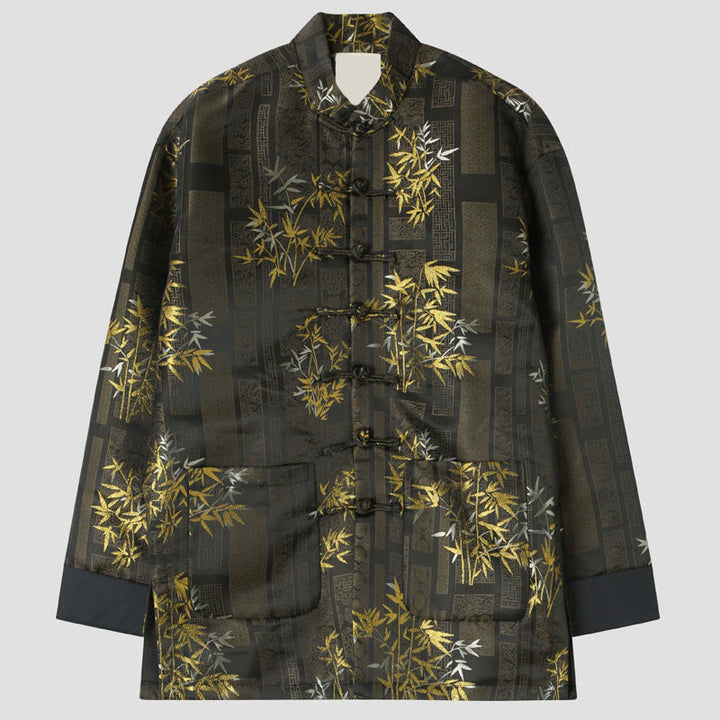 Chaqueta de hombre de manga larga con botones de rana y bolsillos en jacquard de bambú dorado con Buddha Stones - Broncearse - US/UK/AU44, EU54 (4XL) - image 0