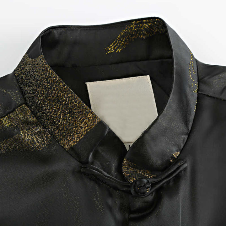 Chaqueta de manga larga para hombre con botones de rana y diseño de grulla de montaña dorada teñida con Buddha Stones, con bolsillos - image 4