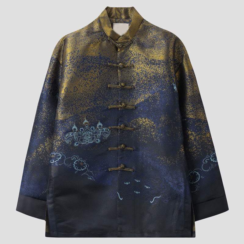 Chaqueta de manga larga con botones de rana y bolsillos para hombre con Buddha Stones, flores azules del desierto dorado - Azul acero - US/UK/AU44, EU54 (4XL) - image 0