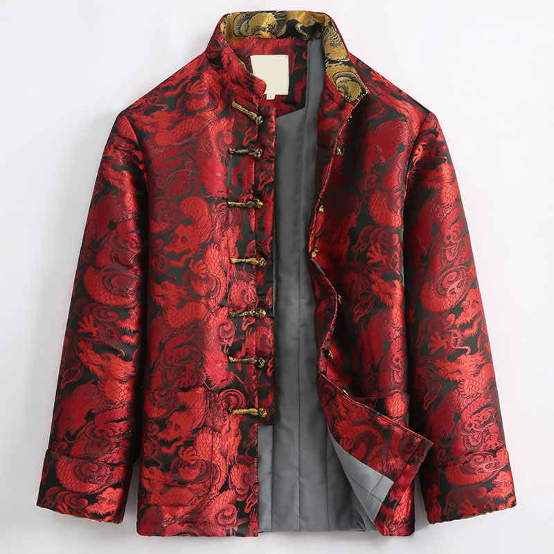 Chaqueta de hombre de manga larga con botones de rana, cálida, jacquard, con diseño de dragón de invierno y Buddha Stones, con bolsillos - Rojo - US/UK/AU44, EU54 (4XL) - image 13