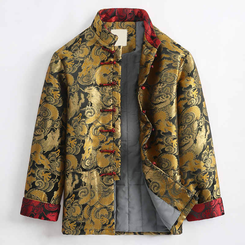 Chaqueta de hombre de manga larga con botones de rana, cálida, jacquard, con diseño de dragón de invierno y Buddha Stones, con bolsillos - Vara de oro - US/UK/AU44, EU54 (4XL) - image 0