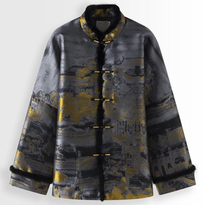Chaqueta de manga larga con botones de rana para hombre, con bolsillos, con Buddha Stones, edificios antiguos, árboles - Gris - US/UK/AU44, EU54 (4XL) - image 0