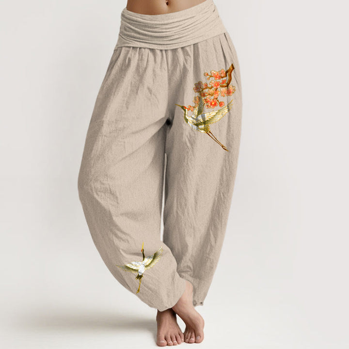 Pantalones harén de algodón puro con cintura elástica para mujer, con estampado de flor de melocotón y grullas lisas de Buddha Stones - Broncearse - US22，UK/AU26，EU54 (6XL) - image 11