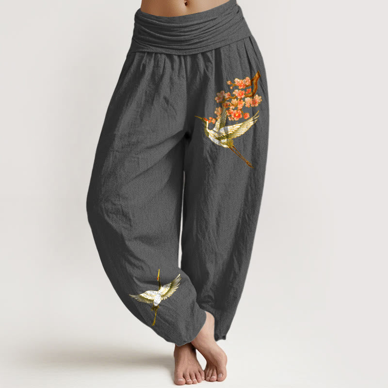 Pantalones harén de algodón puro con cintura elástica para mujer, con estampado de flor de melocotón y grullas lisas de Buddha Stones - Gris tenue - US22，UK/AU26，EU54 (6XL) - image 8