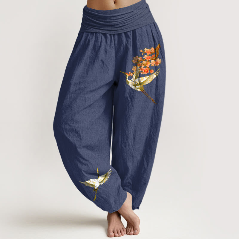 Pantalones harén de algodón puro con cintura elástica para mujer, con estampado de flor de melocotón y grullas lisas de Buddha Stones - Azul pizarra oscuro - US22，UK/AU26，EU54 (6XL) - image 5