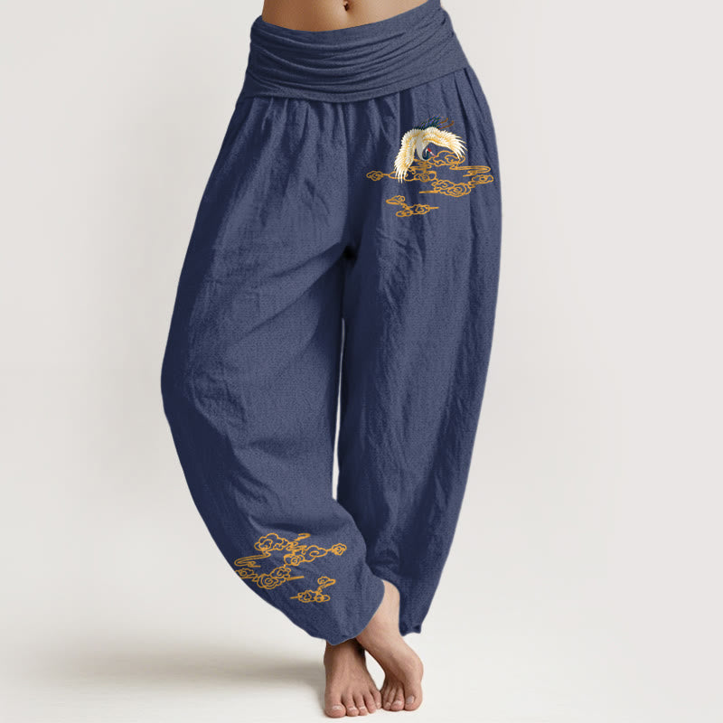 Pantalones harén de algodón con cintura elástica para mujer, con diseño de grullas lisas y nubes auspiciosas y Buddha Stones - Azul pizarra oscuro - US22，UK/AU26，EU54 (6XL) - image 8