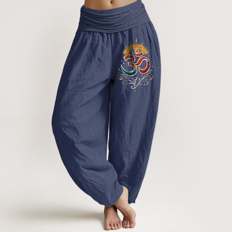 Pantalones harén de algodón con cintura elástica para mujer, con diseño de símbolo Om y Buddha Stones - Azul pizarra oscuro - US22，UK/AU26，EU54 (6XL) - image 8
