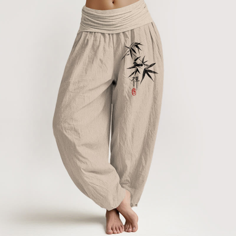 Pantalones harén de cintura elástica para mujer con estampado zen de bambú y Buddha Stones de algodón puro - Broncearse - US22，UK/AU26，EU54 (6XL) - image 0