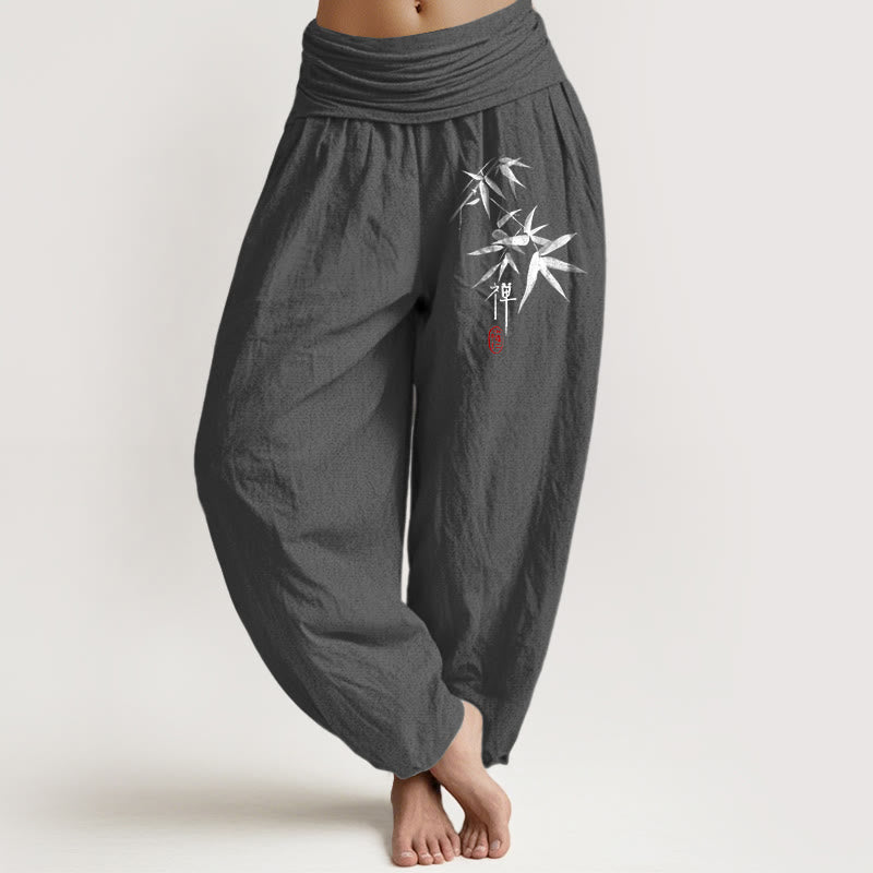 Pantalones harén de cintura elástica para mujer con estampado zen de bambú y Buddha Stones de algodón puro - Gris tenue - US22，UK/AU26，EU54 (6XL) - image 11
