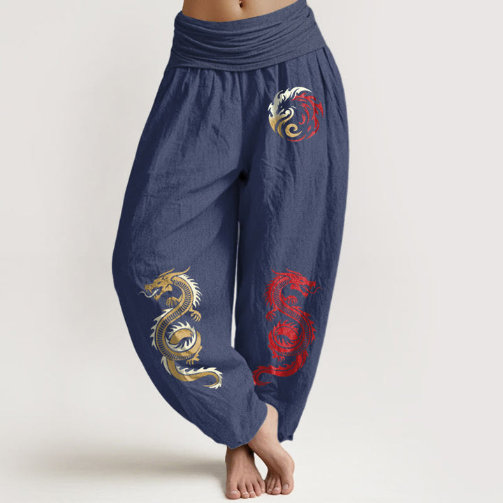 Pantalones harén de Buddha Stones puro con estampado de dragón y cintura elástica para mujer - Azul pizarra oscuro - US22，UK/AU26，EU54 (6XL) - image 5
