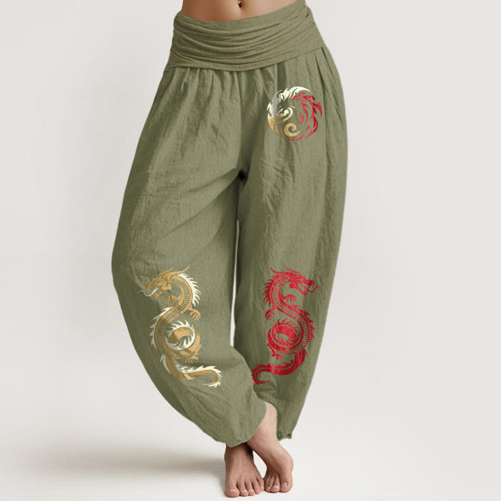Pantalones harén de Buddha Stones puro con estampado de dragón y cintura elástica para mujer - Verde oliva - US22，UK/AU26，EU54 (6XL) - image 14