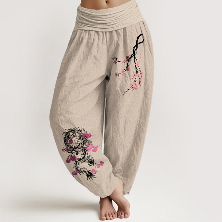 Pantalones harén de algodón con cintura elástica para mujer, con diseño de Buddha Stones, dragón, nubes auspiciosas y flores - Broncearse - US22，UK/AU26，EU54 (6XL) - image 11